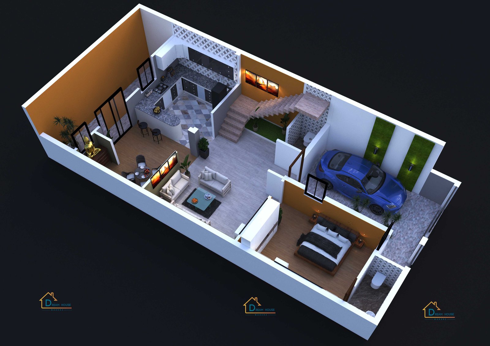 Duplex Modern House 3D Floor Plan 2Bhk With Car Parking