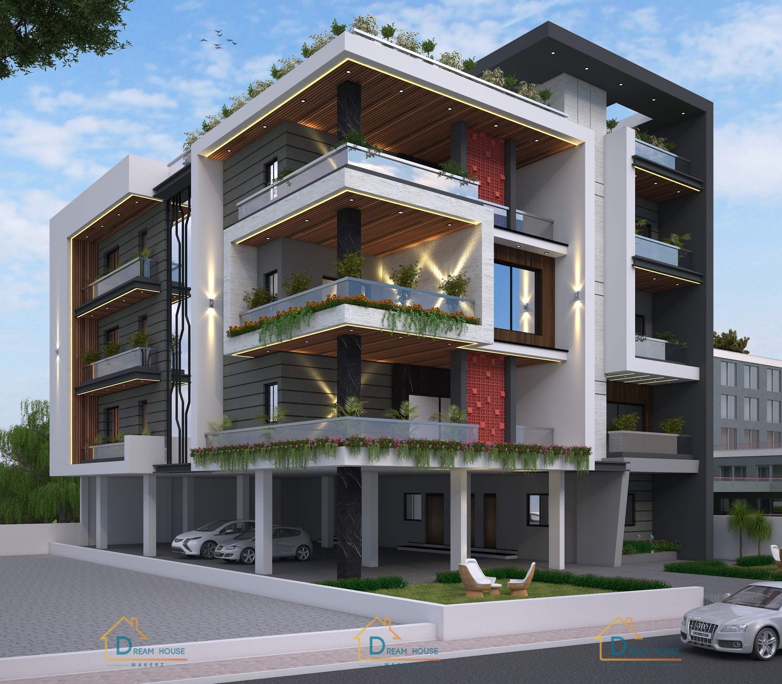 G+3 Modern Bungalow House Design With Stilt Car Parking