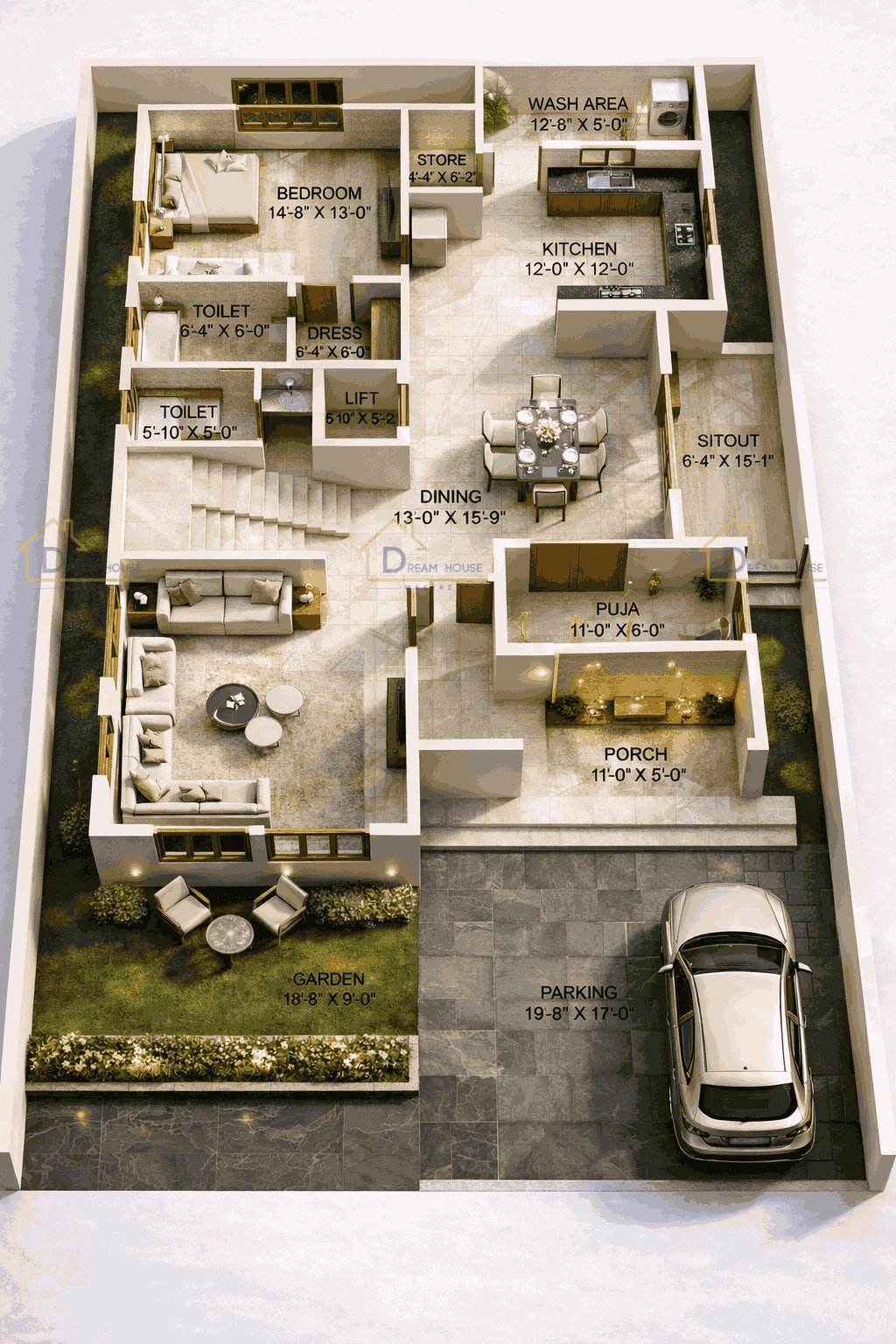 4-BHK Modern Villa 3D Floor Plan