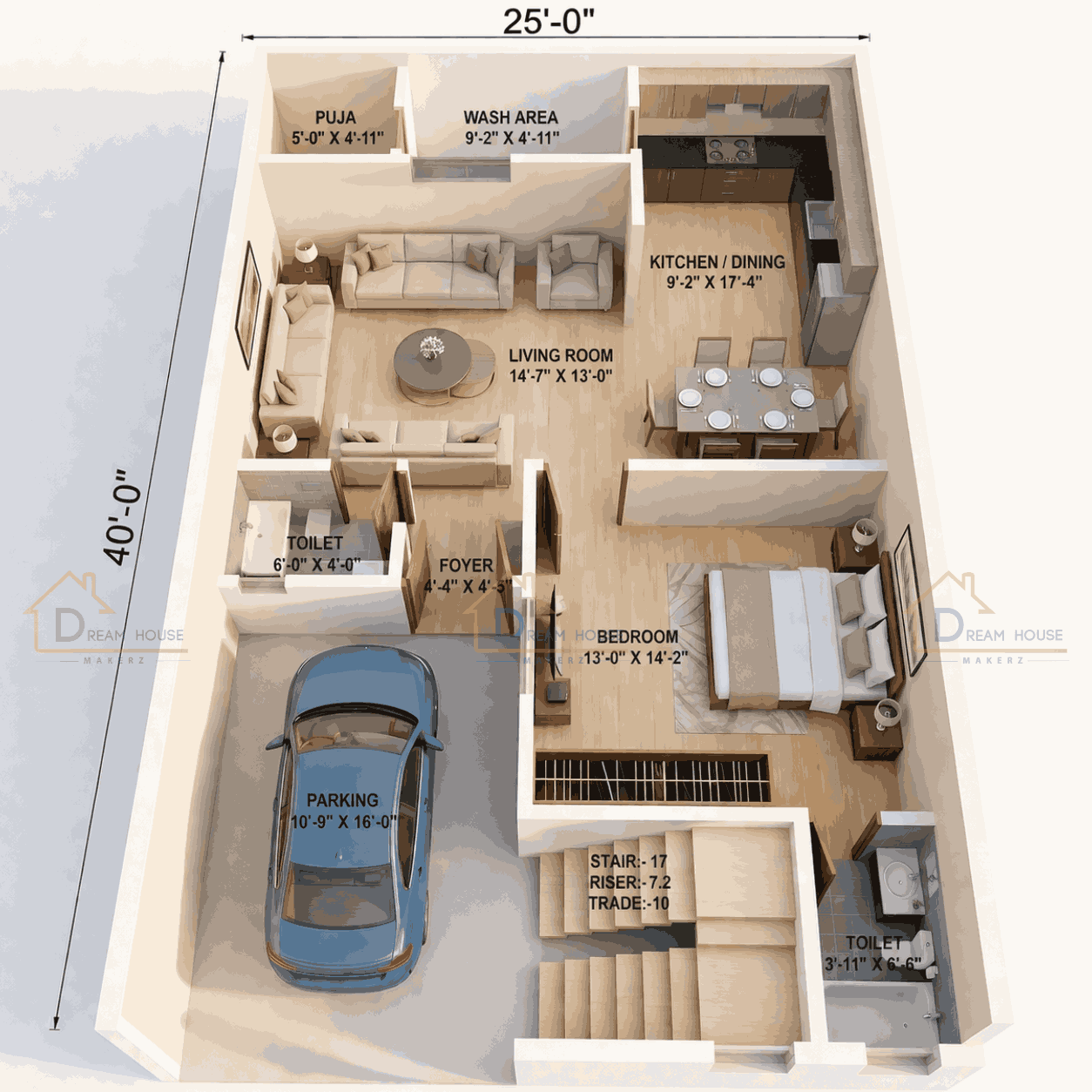 Duplex 3-BHK Modern House 3D Floor Plan