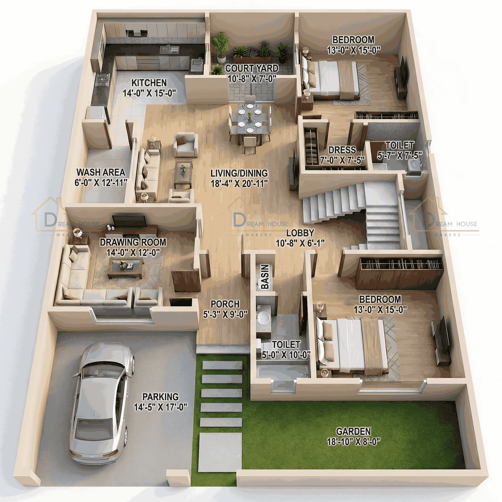 Duplex 5-BHK Modern Villa 3D Floor Plan