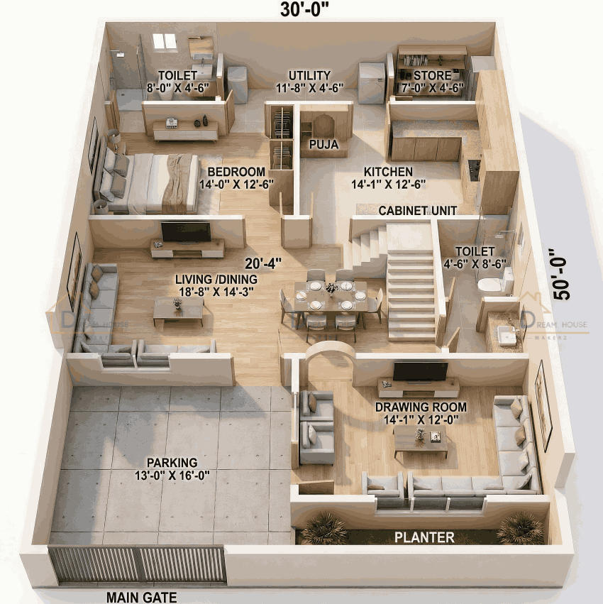 Duplex 4-BHK Modern Residential 3D House Floor Plan