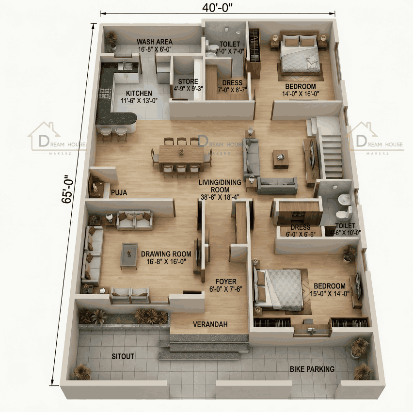 Triplex 4-BHK Modern Bungalow 3D Floor Plan