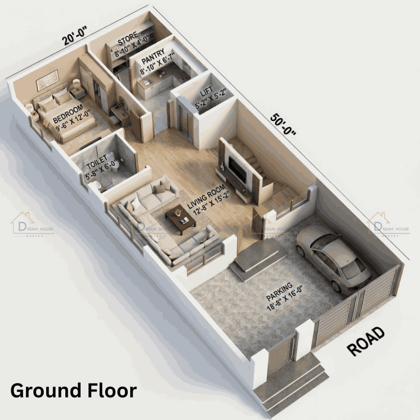 Triplex 4-BHK Modern 3D House Floor Plan