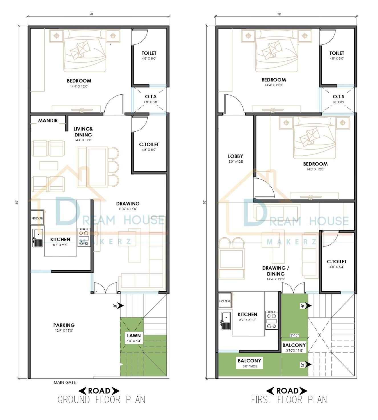 1-BHK & 2-BHK Independent House Plan in 1000 Square Feet