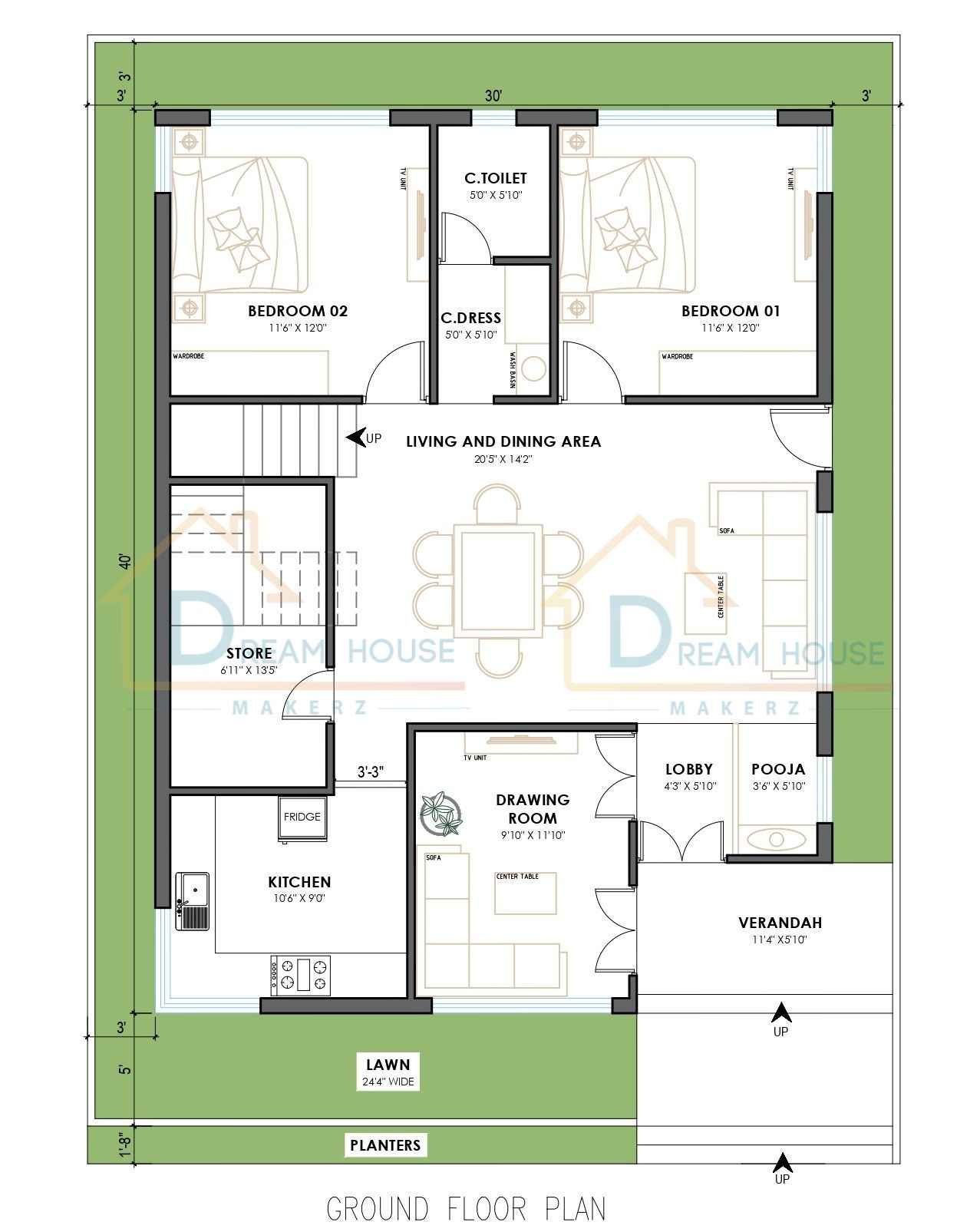 Single floor Residential 2-BHK Modern House Plan