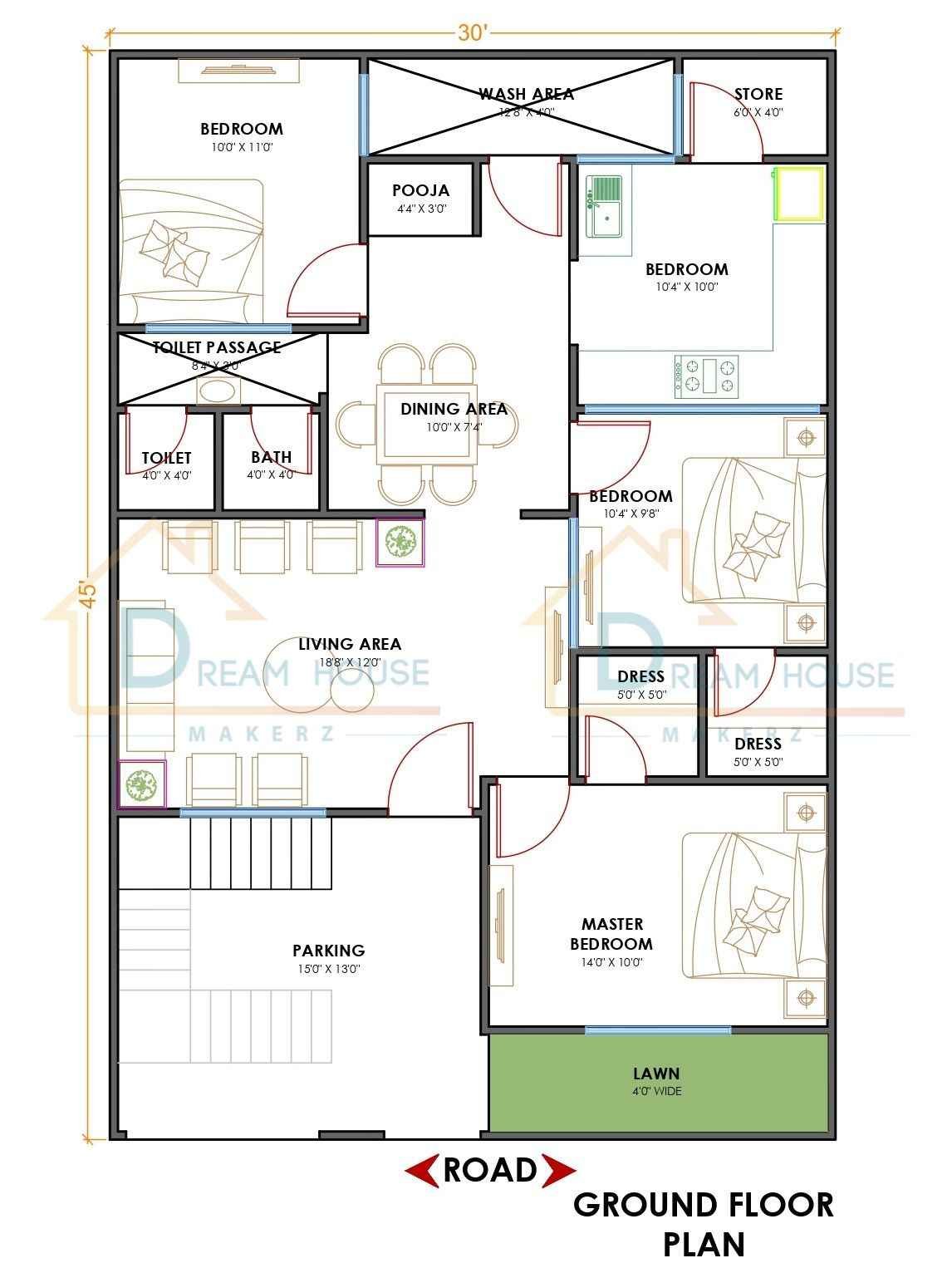 Single floor Residential 3-BHK Modern House Plan