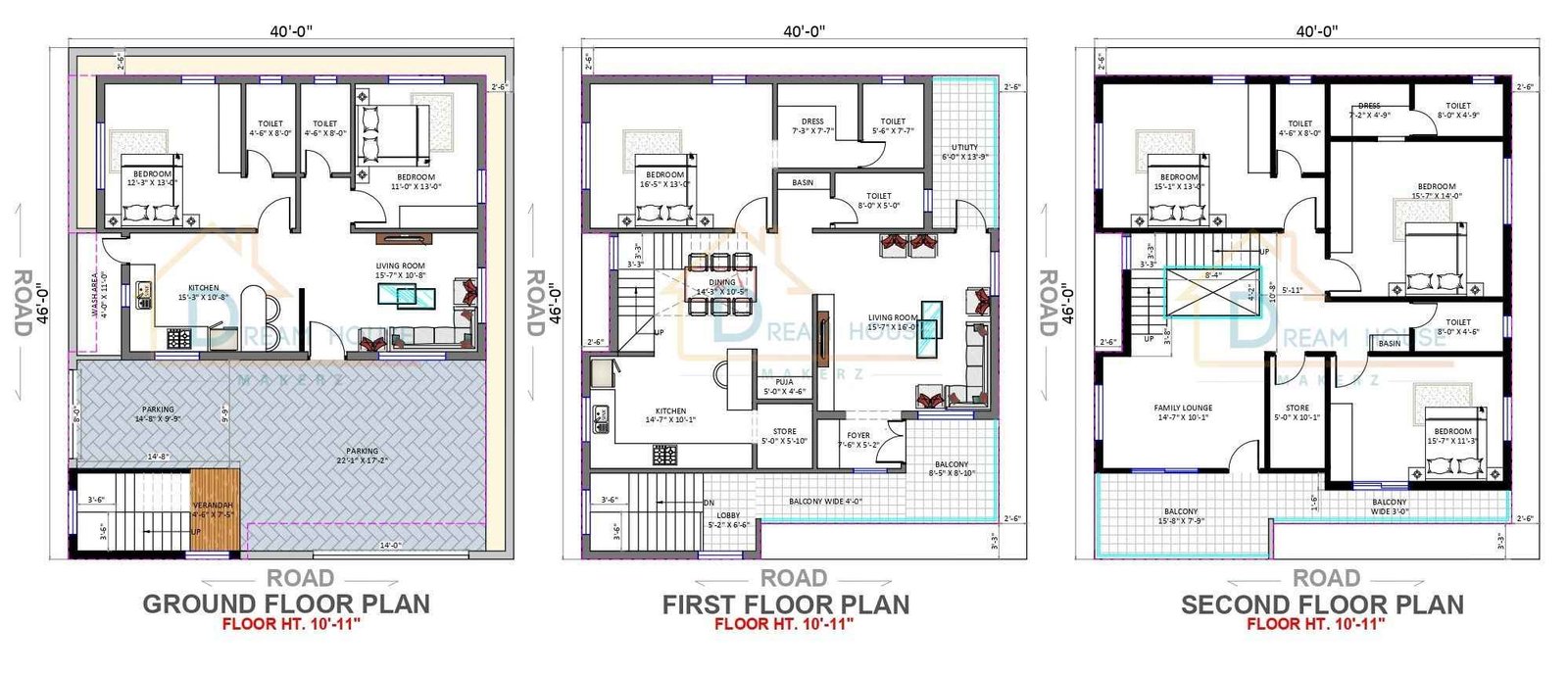 Triplex 2-BHK & 4-BHK Residential Modern House Floor Plan
