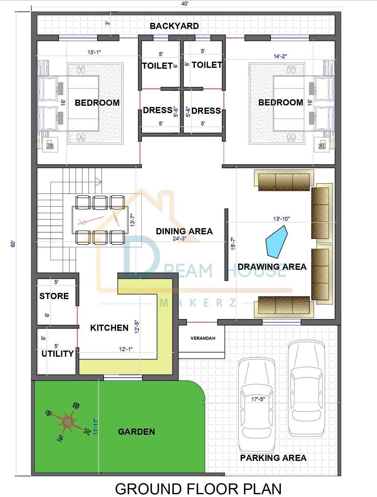 Single Floor 2-BHK Modern with Garden & Parking Residential House Plan