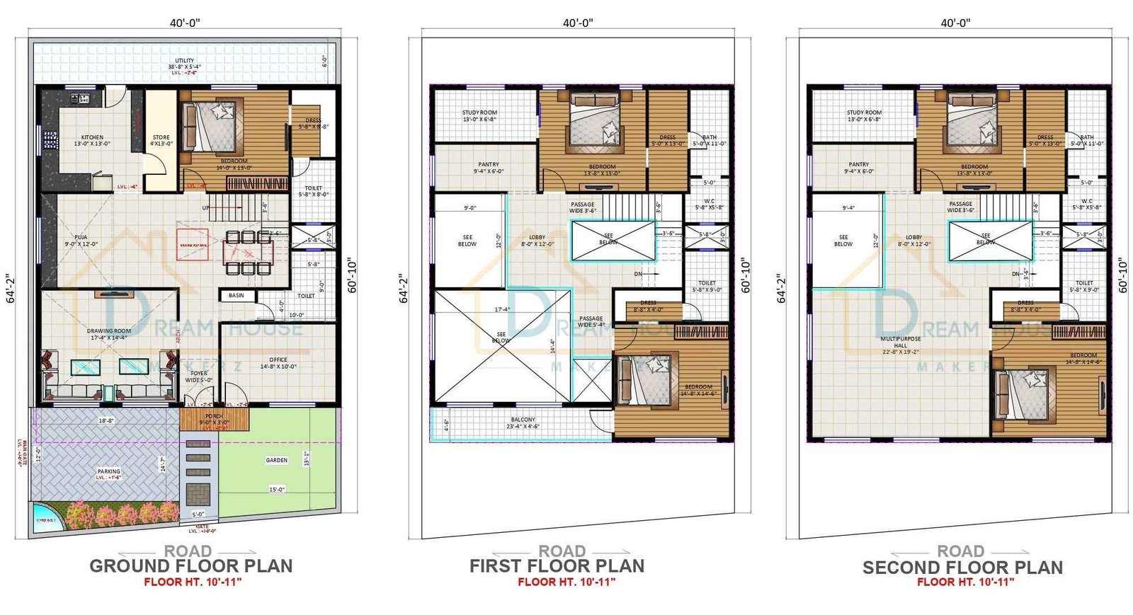 Triplex 5-BHK Modern Residential House Floor Plan