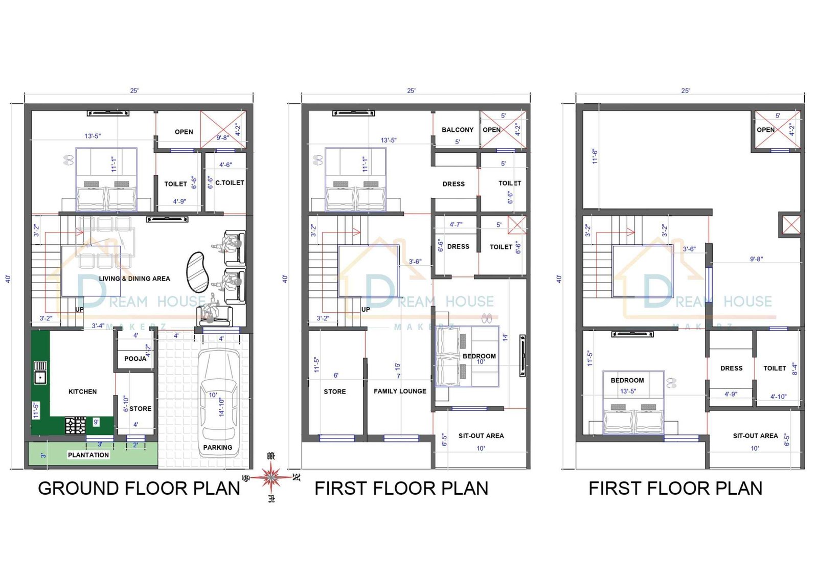 Triplex 4-BHK House Floor Plan