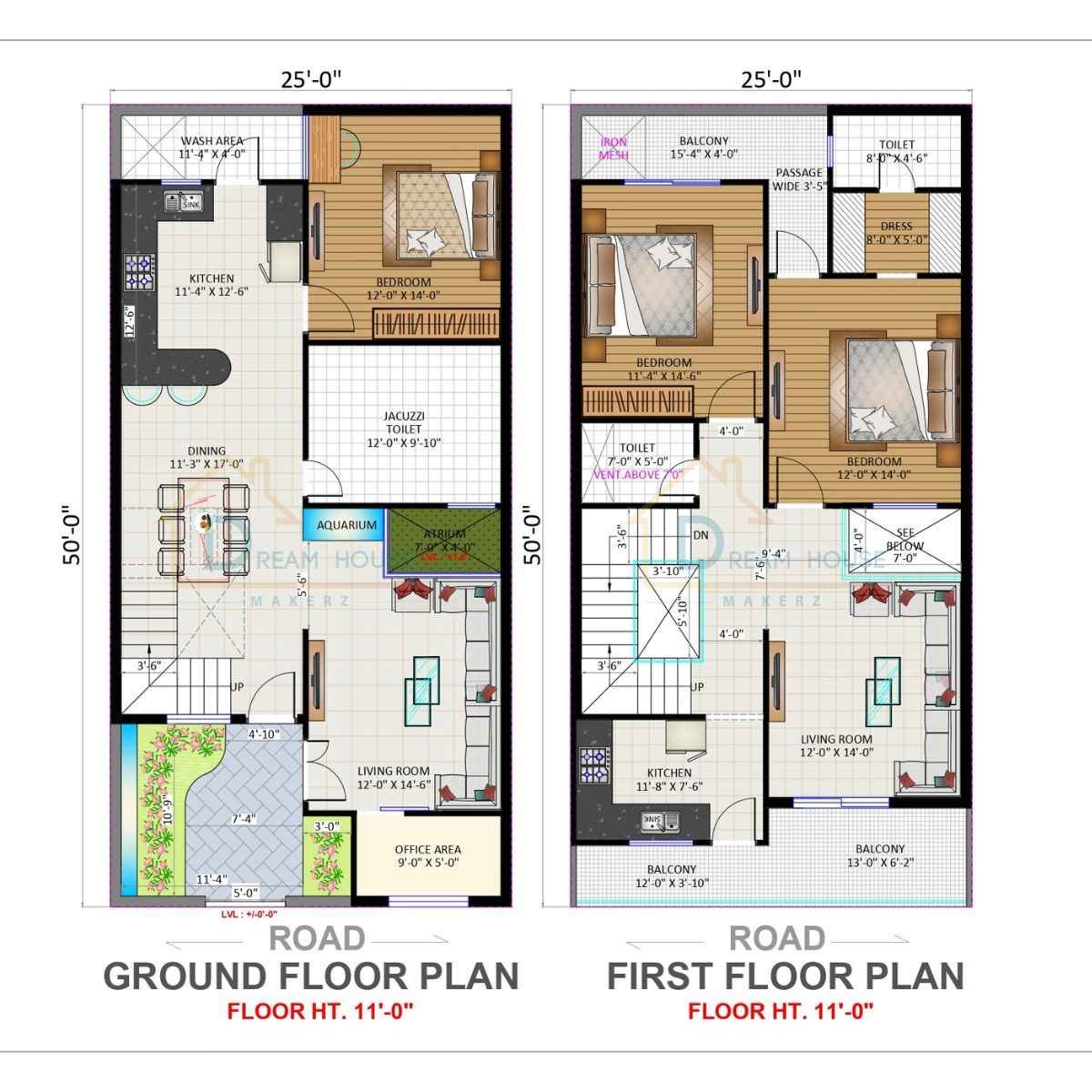 Duplex 3-BHK Modern Residential House Floor Plan