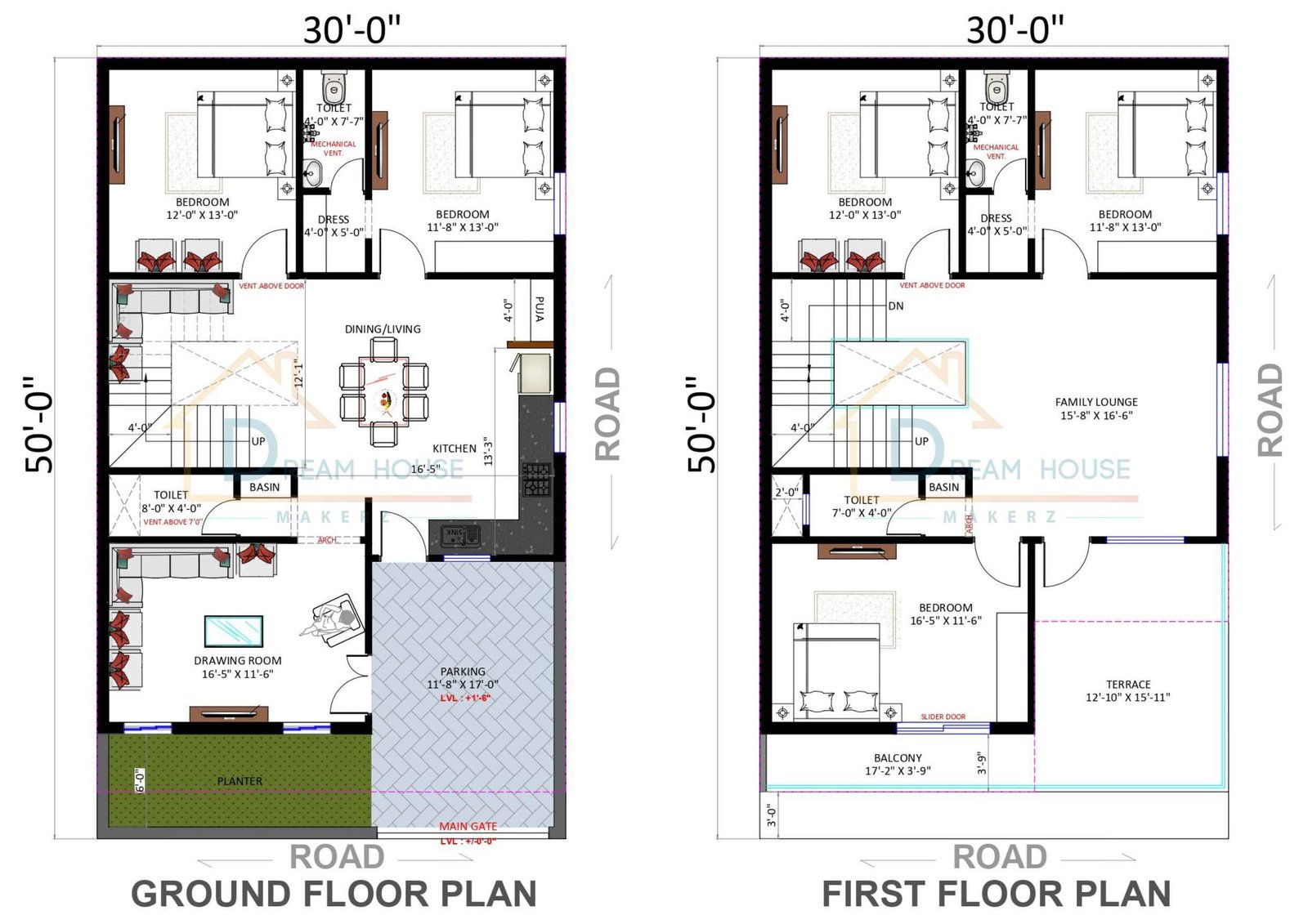 Duplex 5-BHK Residential House Floor Plan