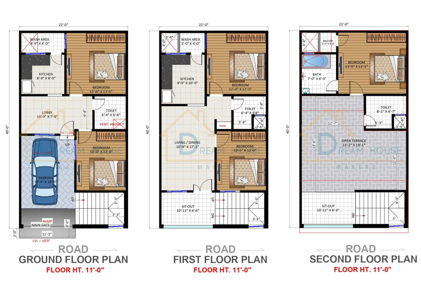 Triplex Independent House Floor Plan with Parking