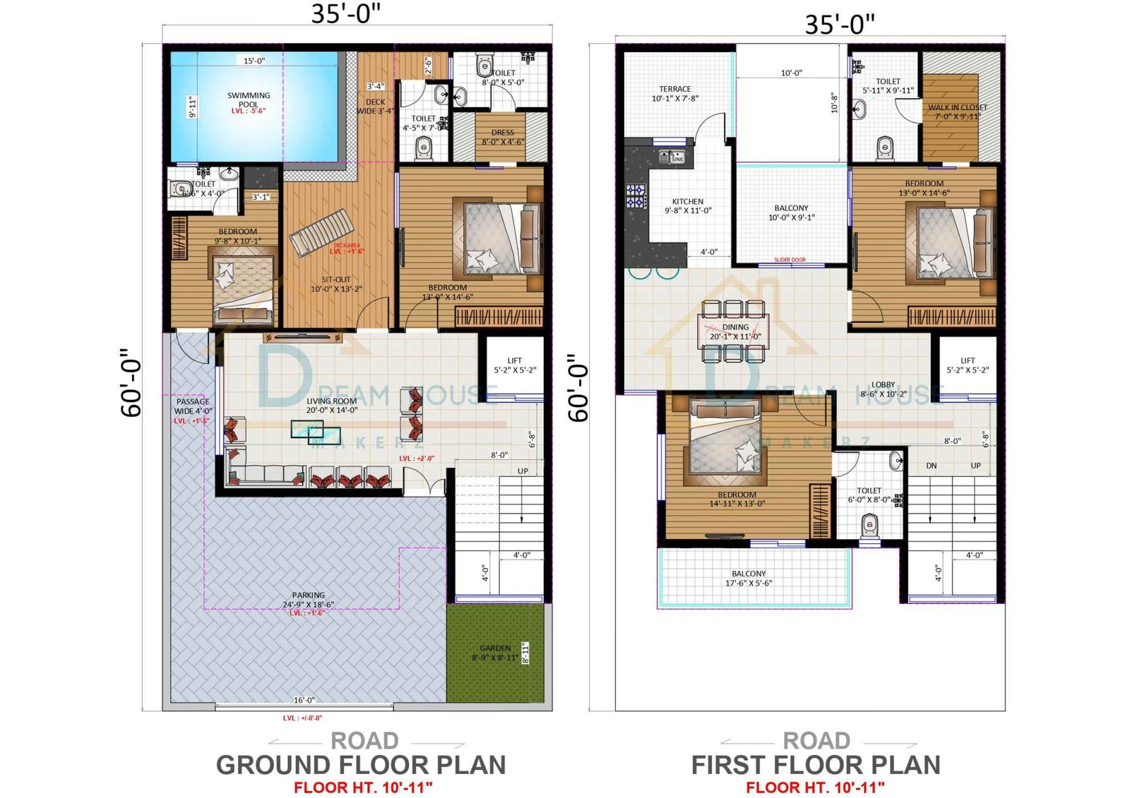 Duplex 3-BHK Modern Villa Floor Plan with Swimming Pool