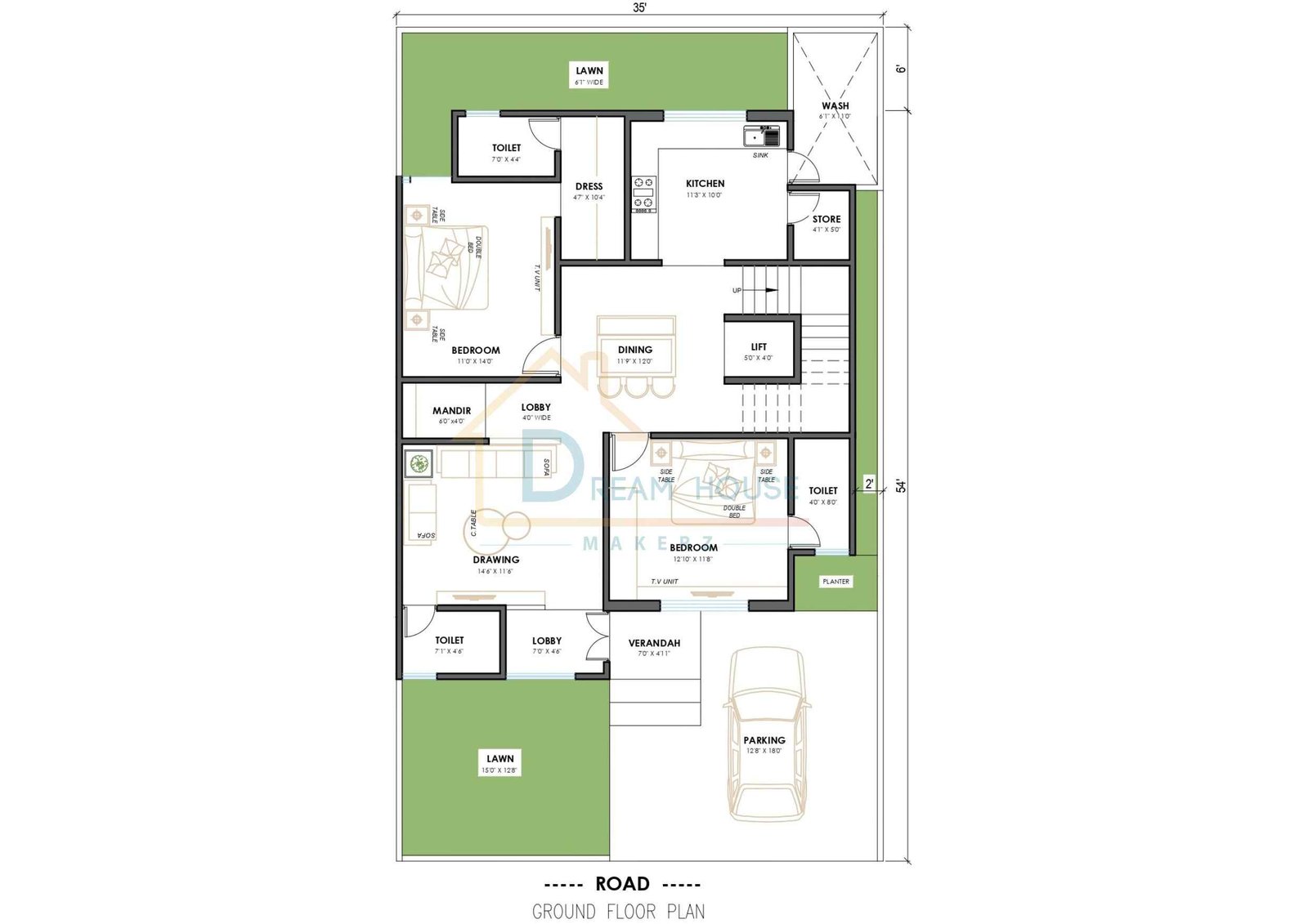 2-BHK Modern House Floor Plan with Lawn & Parking