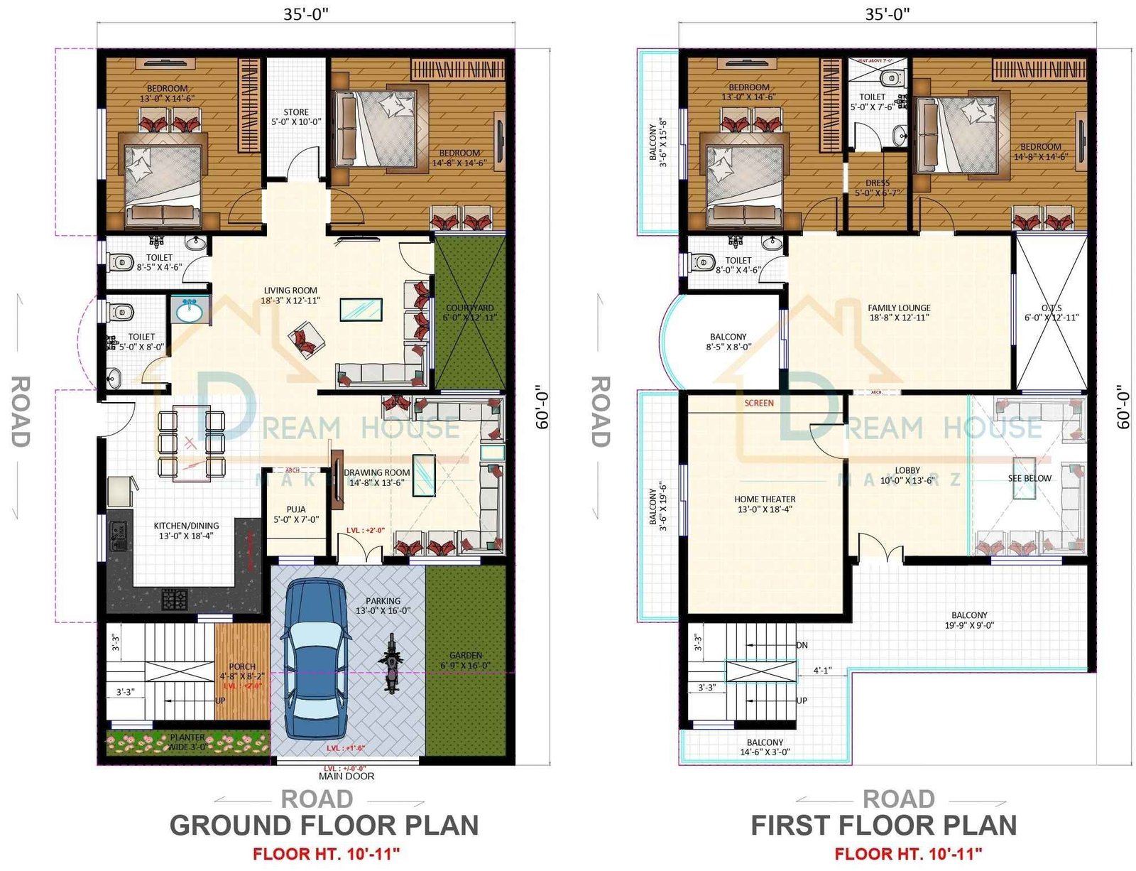 Duplex 4-BHK Modern House Floor Plan with Parking, Home Theatre & Double Height Drawing