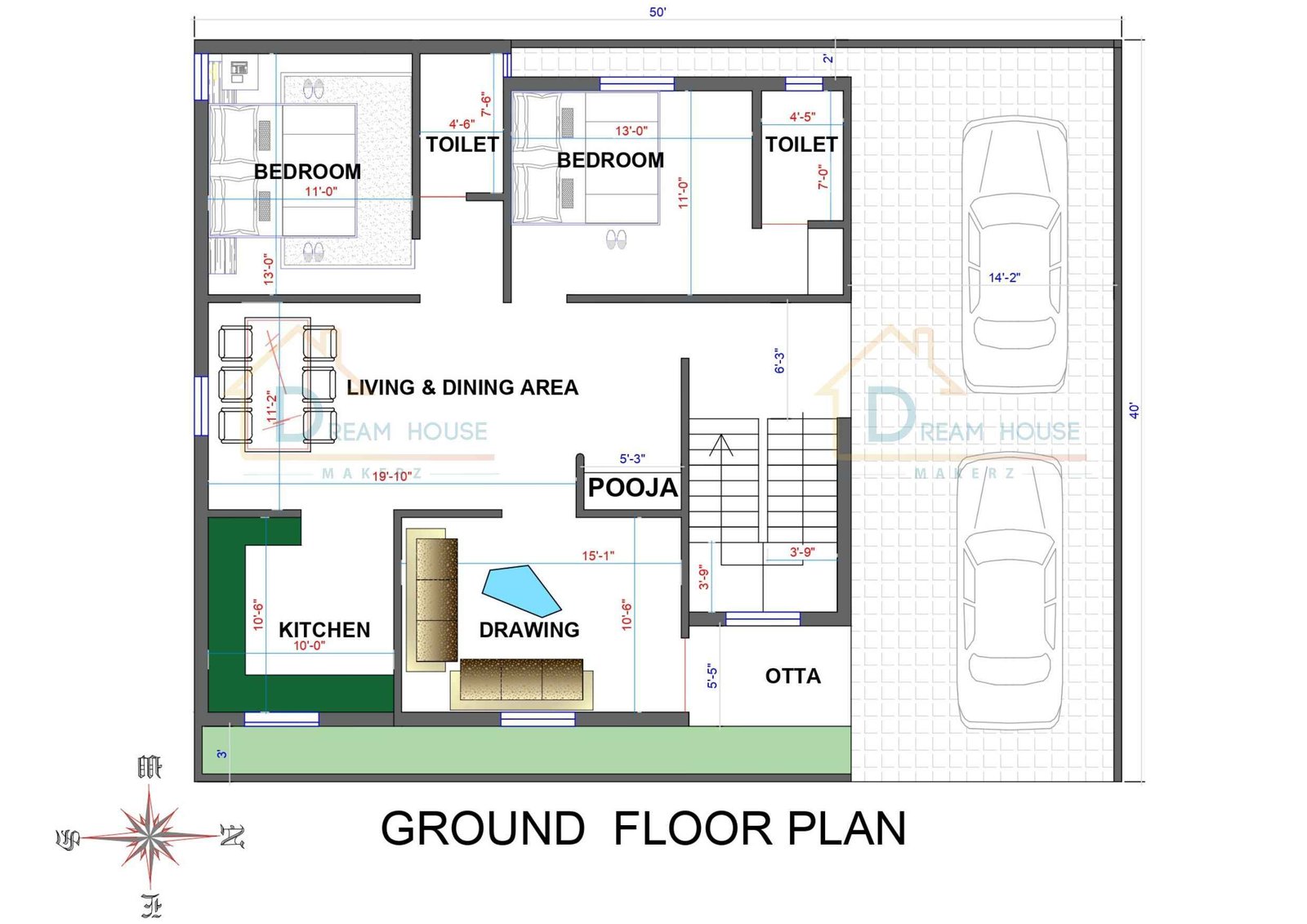 Single Floor 2-BHK Modern House Floor Plan
